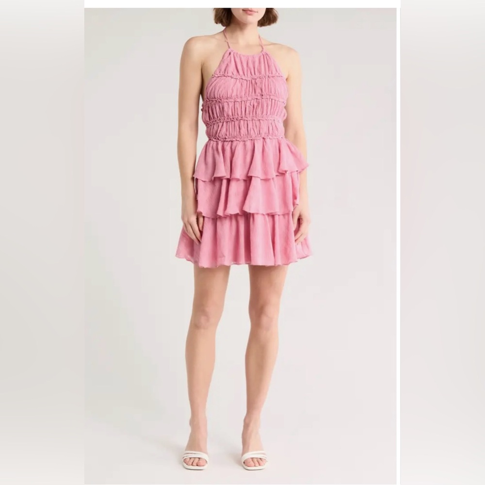 Lush Halter Neck Ruffle Tiered Pink Mini Dress Size Medium NWT